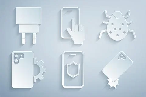 Set Mobile with shield, System bug, Phone repair service, Shockproof phone, and イラスト素材