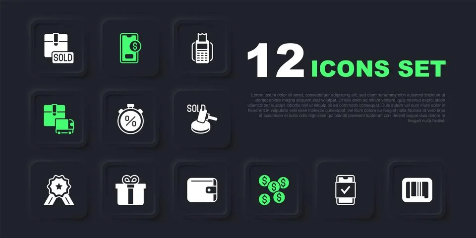 Set Mobile shopping, Barcode, Stopwatch percent discount, Dollar symbol, De.. Stock Illustration