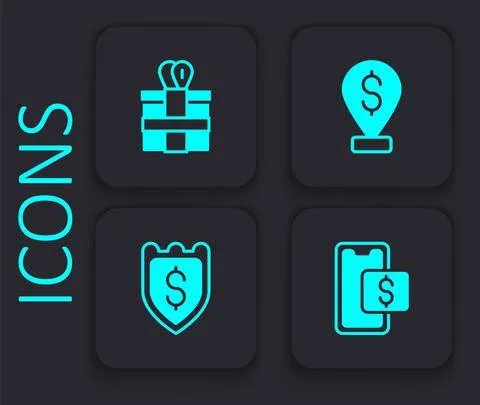 Set Mobile shopping, Gift box, Cash location and Shield with dollar icon. Black Illustrazione stock