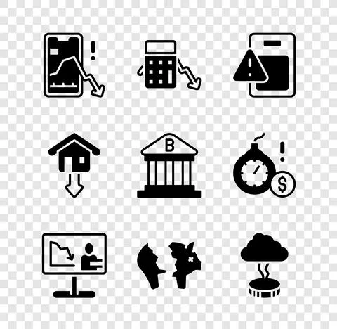 Set Mobile stock trading, Calculation of expenses, Global economic crisis, news Illustrazione stock