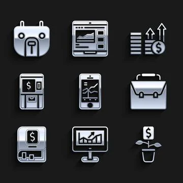 Set Mobile stock trading, Computer with growth graph, Dollar plant, Briefcase Stock Illustration