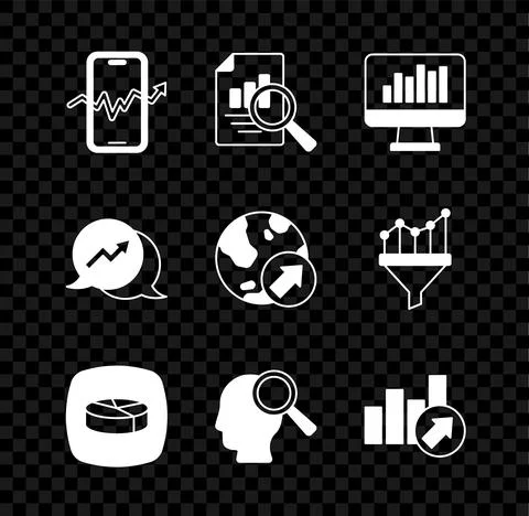 Set Mobile stock trading, Document with graph chart, Monitor, Pie infographic Illustrazione stock
