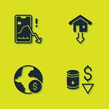 Set Mobile stock trading, Drop crude oil price, Global economic crisis and Illustrazione stock