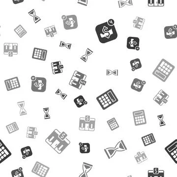 Set Mobile stock trading, Old hourglass, Calculator and Bank building on Illustrazione stock