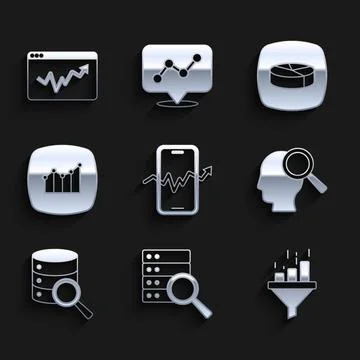 Set Mobile stock trading, Server, Sales funnel with chart, Search people, F.. Stock Illustration