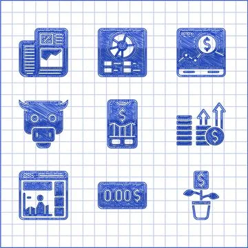 Set Mobile stock trading, Zero cost, Dollar plant, Financial growth and dollar Illustrazione stock