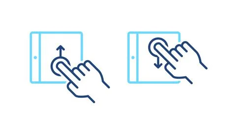 Set of mobile tablet with up, down swipe gesture blue line icons. Phone screen Stock Illustration