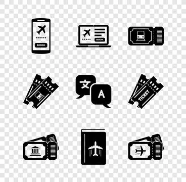 Set Mobile with ticket, Laptop, Train, Museum, Cover book travel guide, Air.. Stock Illustration