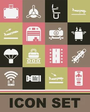 Set Mobile with ticket, Rocket, Trolley for food, Airplane seat, Aircraft hangar Illustration