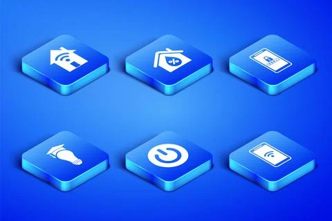 Set Mobile with wi-fi wireless, Smart home, Power button, Light bulb and Stock Illustration