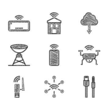 Set Mobile with wi-fi wireless, Network, USB cable cord, Smart drone system, Usb Stock Illustration