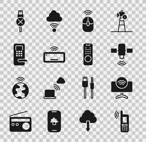Set Mobile with wi-fi wireless, Smart Tv system, Satellite, Wireless computer 스톡 일러스트