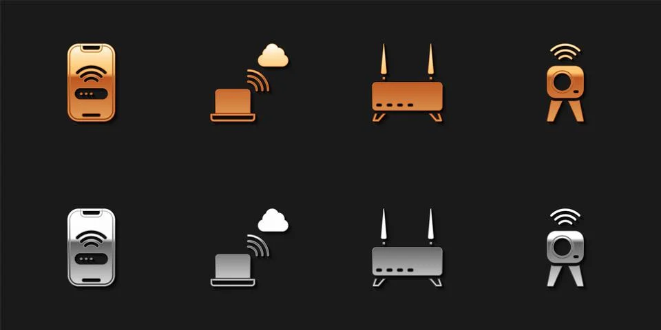 Set Mobile with wi-fi wireless, Network cloud connection, Router and signal and 스톡 일러스트
