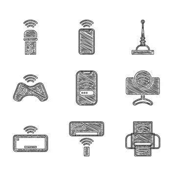 Set Mobile with wi-fi wireless, Air conditioner, Smart printer system, Tv Illustrazione stock