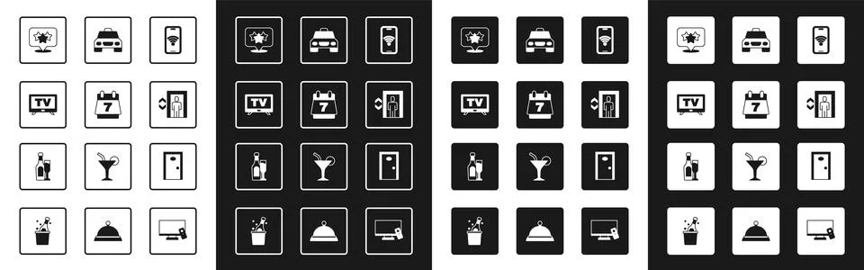 Set Mobile with wi-fi wireless, Hotel booking calendar, Smart Tv, Stars rating Ilustración de archivo