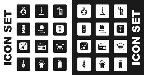 Set Mobile with wi-fi wireless, Transfer files, Remote control, Global tech.. Illustrazione stock
