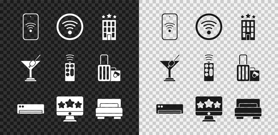 Set Mobile with wi-fi wireless, Wi-Fi, Hotel building, Air conditioner, Fiv.. Ilustración de archivo