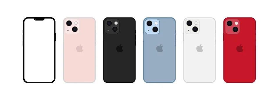 Set of mockup iphone 13 mini all colours. Isolated on white Stock Illustration