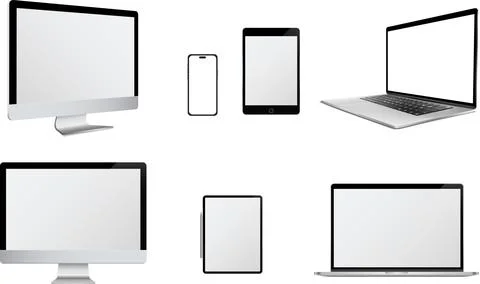 Set of mockup technology devices featuring computer, laptop, tablet, and mobile Stock Illustration