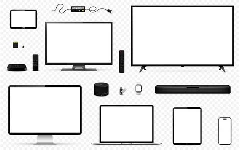 Set mockups of technology devices with empty display isolated on transparent  Stock Illustration