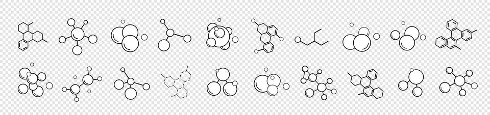 A set of models of molecules and molecular compounds on a transparent background Stock Illustration