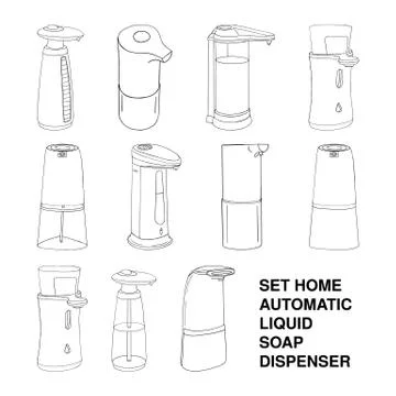 Set modern automatic liquid soap dispenser touch. Product home hygiene preven Illustrazione stock