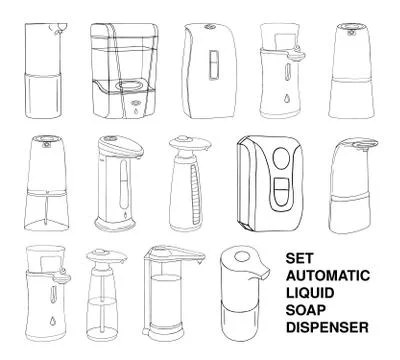 Set modern automatic liquid soap dispenser touch. Product home hygiene preven Illustrazione stock