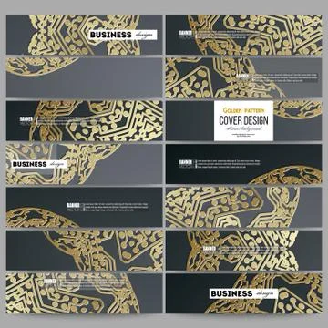 Set of modern banners. Golden microchip pattern on dark background with Stock Illustration
