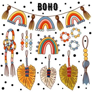 Set of modern boho style. Vector hand drawn boho clipart for nursery decoration Stock Illustration
