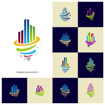 Set of Modern Building Tornado Logo Concept Company. Storm with Building Logo Stock Illustration
