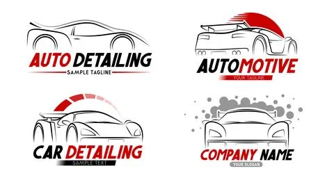 Set of Modern Car Detailing Logo Templates with Sport Vehicle Silhouettes Stock Illustration
