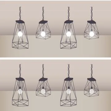 Set of modern ceiling lights with black metal cage and white lamp Stock Illustration