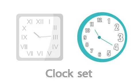 A set of modern clocks on the wall. The clock is square with Roman numerals and Stock Illustration