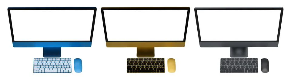 Set of modern desktop computers with blank screens, matching keyboards and mice Illustrazione stock