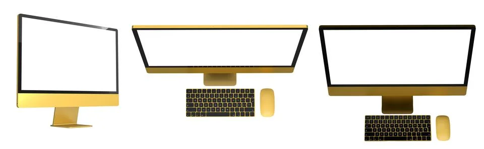 Set of modern desktop computers with blank screens, matching keyboards and mi 스톡 일러스트