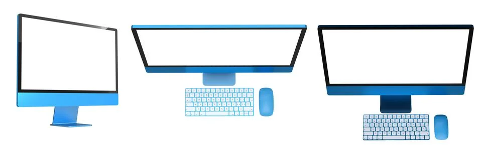 Set of modern desktop computers with blank screens, matching keyboards and .. 스톡 일러스트