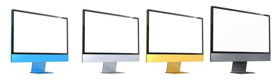 Set of modern desktop computers with blank screens, matching keyboards and mi 스톡 일러스트