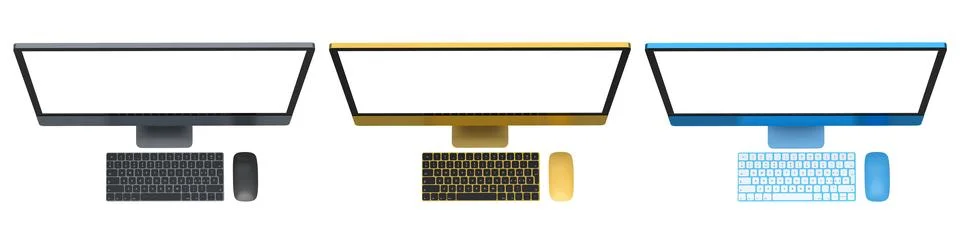 Set of modern desktop computers with blank screens, matching keyboards and mi 스톡 일러스트