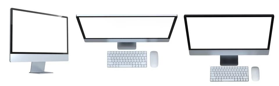 Set of modern desktop computers with blank screens, matching keyboards and mi 스톡 일러스트