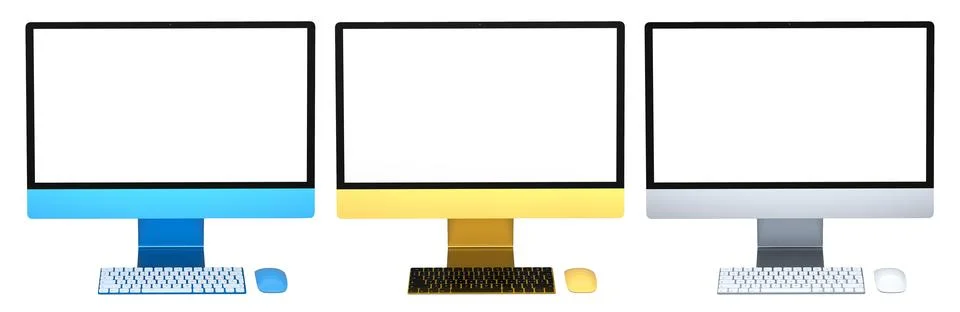 Set of modern desktop computers with blank screens, matching keyboards and mice 스톡 일러스트