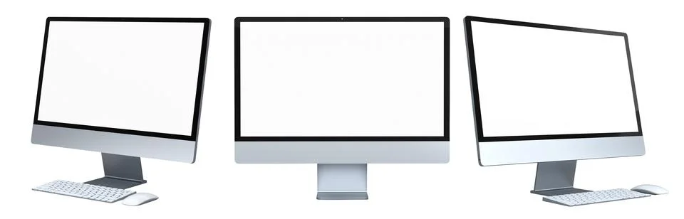 Set of modern desktop computers with blank screens, matching keyboards and mice Illustrazione stock