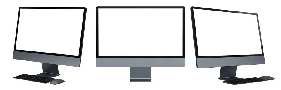 Set of modern desktop computers with blank screens, matching keyboards and mi Stock Illustration