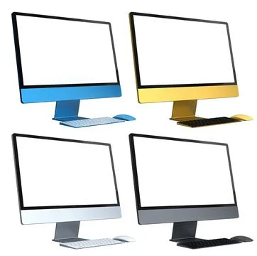 Set of modern desktop computers with blank screens, matching keyboards and mi Stock Illustration