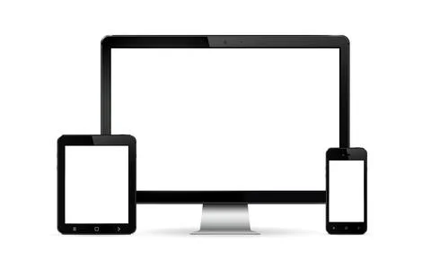 Set of modern digital devices: computer monitor, tablet and mobile phone. Illustrazione stock