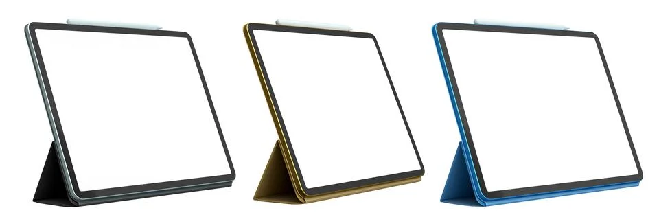 Set of modern digital tablets in protective cases with blank screen, isolated on Stock Illustration