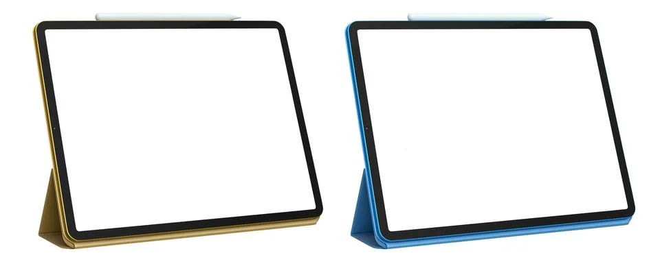 Set of modern digital tablets in protective cases with blank screen, isolated on Stock Illustration
