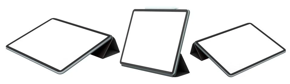 Set of modern digital tablets in protective cases with blank screen, isolated Illustrazione stock
