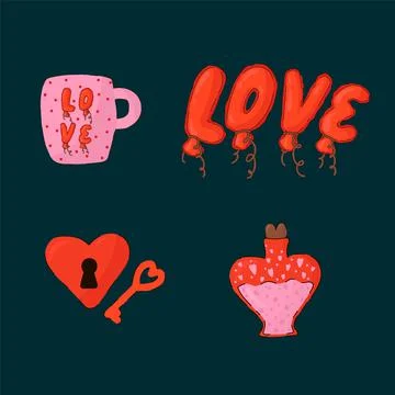 A set of modern elements for Valentine's Day. Vector hearts, mug, inscription Stock Illustration