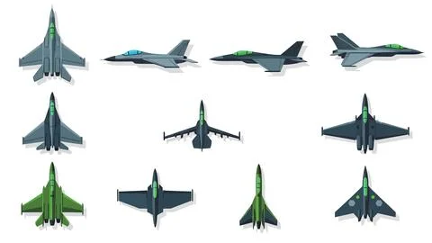 Set of modern fighter jets and supersonic military aircraft in various flig.. Stock Illustration