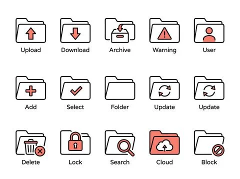 Set of modern flat folder icons with simple line art symbols for upload, do.. Stock Illustration